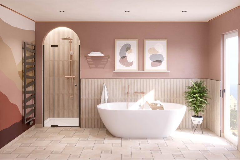 Salle de bains lumineuse avec baignoire îlot, douche et radiateur