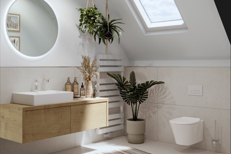 Salle de bains lumineuse avec meuble-lavabo, miroir, radiateur et fenêtre de toit