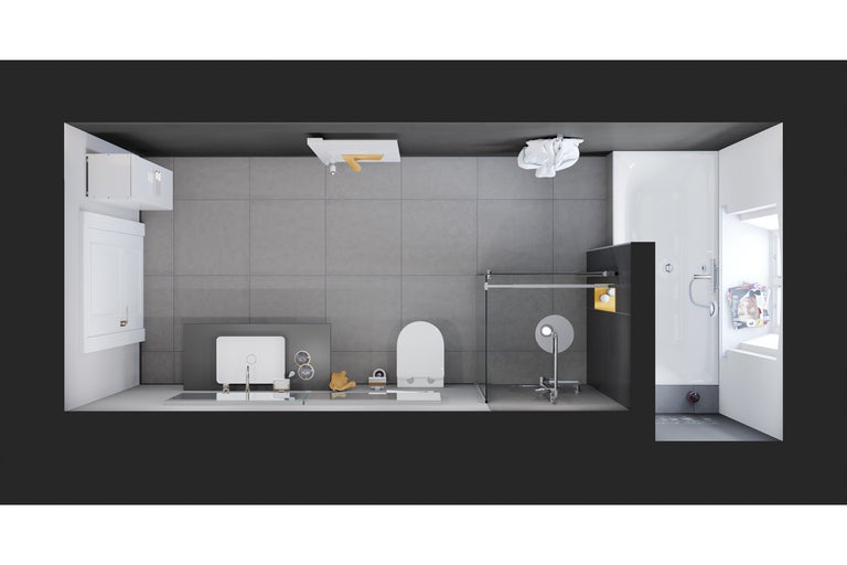 Übersicht eines Badezimmers mit Waschbecken, Toilette und Dusche