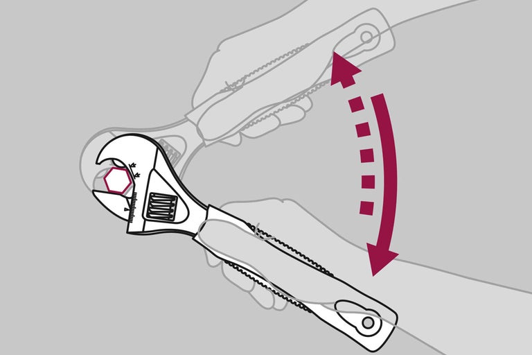 Darstellung einer verstellbaren Rohrzange beim Festziehen einer Schraube mit Drehbewegung