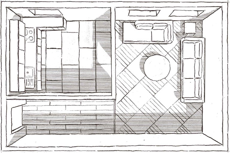Vue de dessus d'un aménagement d'appartement avec salon, chambre et salle de bains