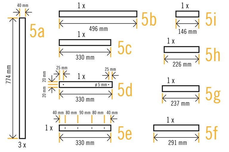 Illustration mit Maßangaben für Holzzuschnitte
