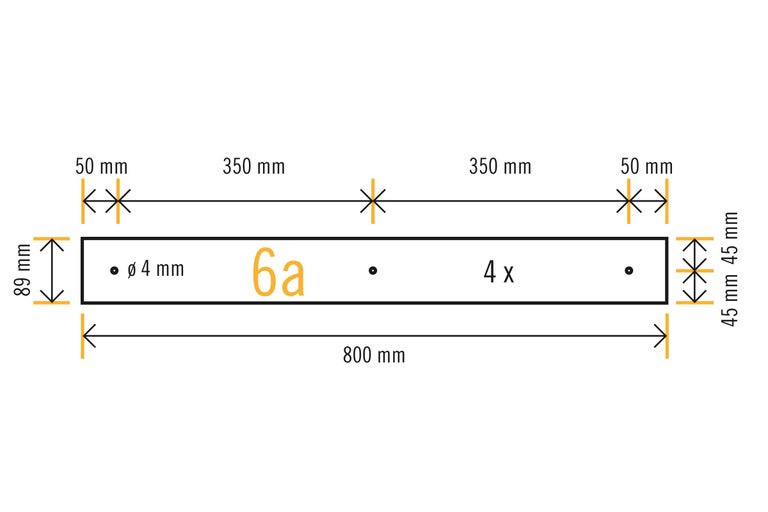 Dessin technique avec cotes d'un composant : 800 millimètres de long, 89 millimètres de haut, alésages de 4 millimètres de diamètre.