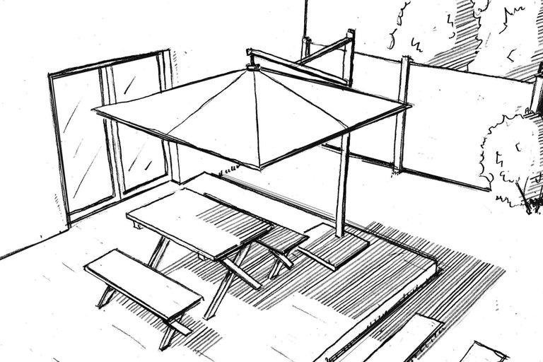 Croquis d'une scène de jardin avec toit de terrasse et table de pique-nique