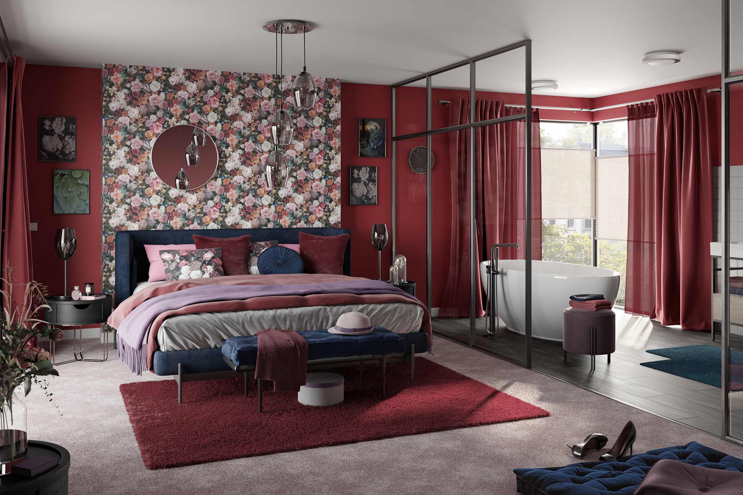Chambre à coucher avec lit, baignoire et papier peint à motifs floraux pour une ambiance élégante