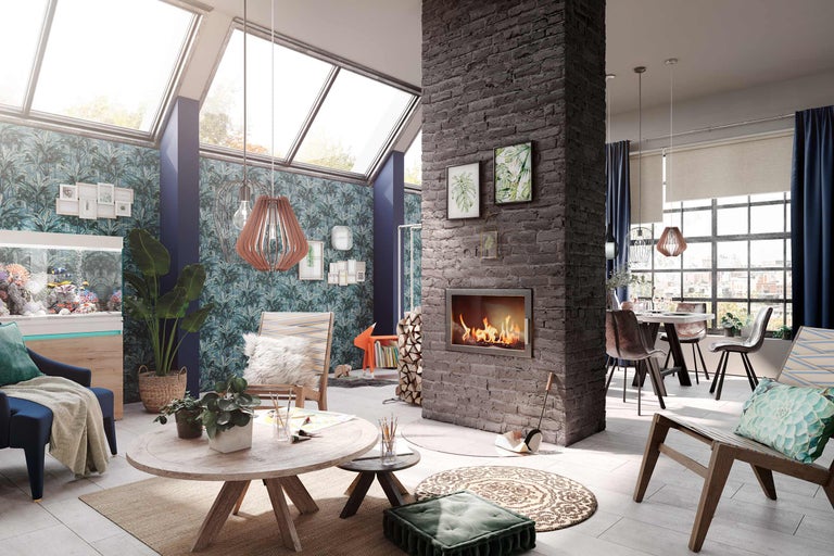 Salon avec cheminée, sièges, table et décorations.