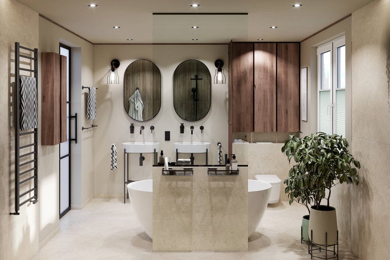 Badezimmer mit Badewanne, Waschtischen, Spiegeln, Handtuchwärmer und Aufbewahrungsschränken in hellem Design.