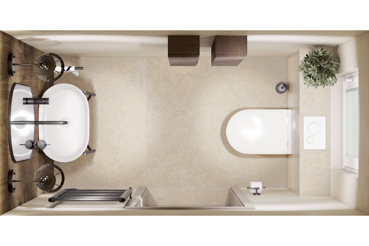 Petite salle de bains moderne vue de dessus avec lavabo blanc, WC suspendu, carrelage beige, éléments en bois et radiateur sèche-serviettes sombre.