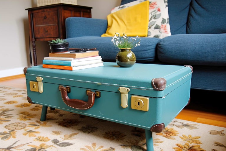 Scène de salon avec une table basse fabriquée à partir d'une valise vintage transformée, des livres, une plante, un vase et un canapé