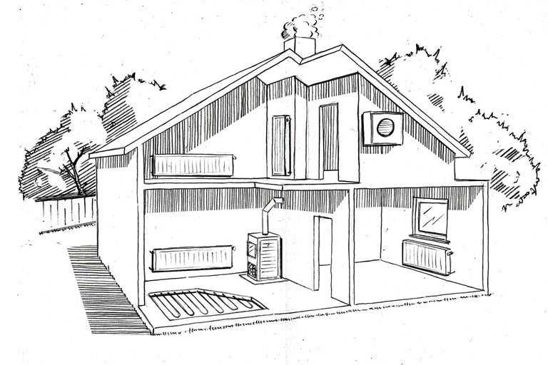 Croquis d'une maison avec différents systèmes de chauffage tels que chauffage au sol, radiateurs et poêle