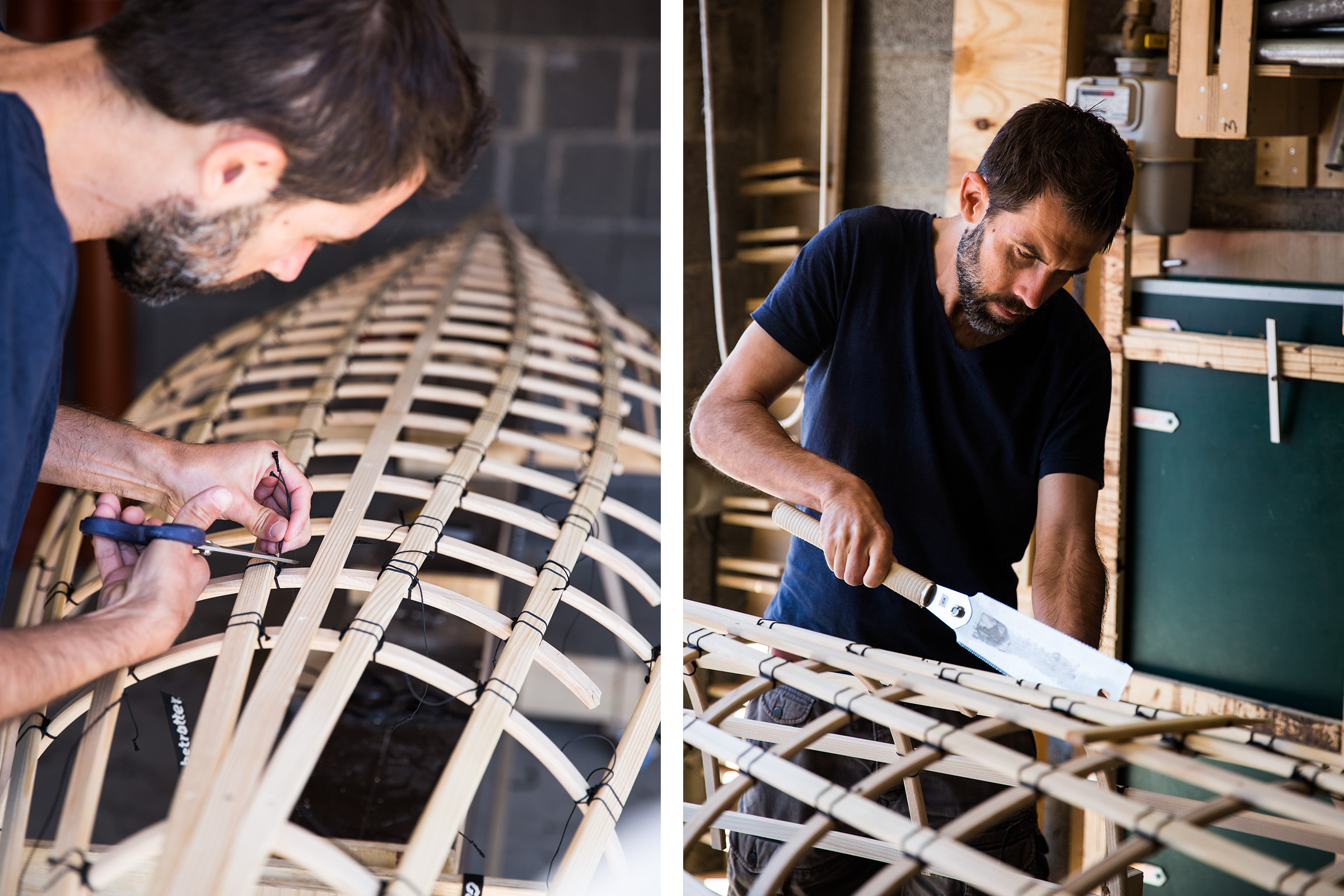 Un homme construit un bateau en bois avec une scie et des ciseaux