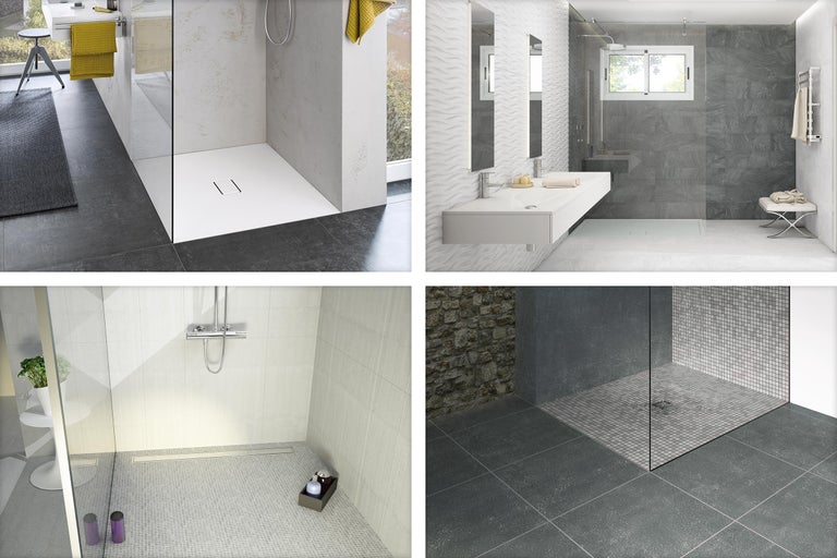 Quatre scènes de salle de bains avec différentes solutions de douche et conceptions de carreaux.