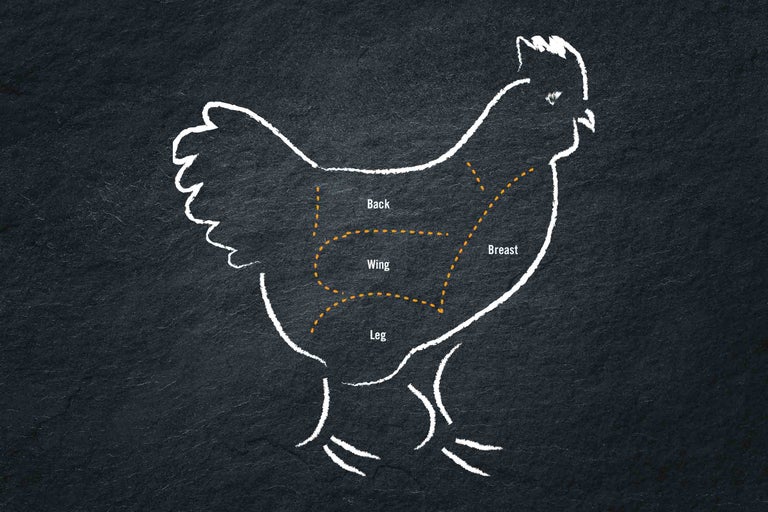 Illustration d'une poule avec marquage des morceaux de viande