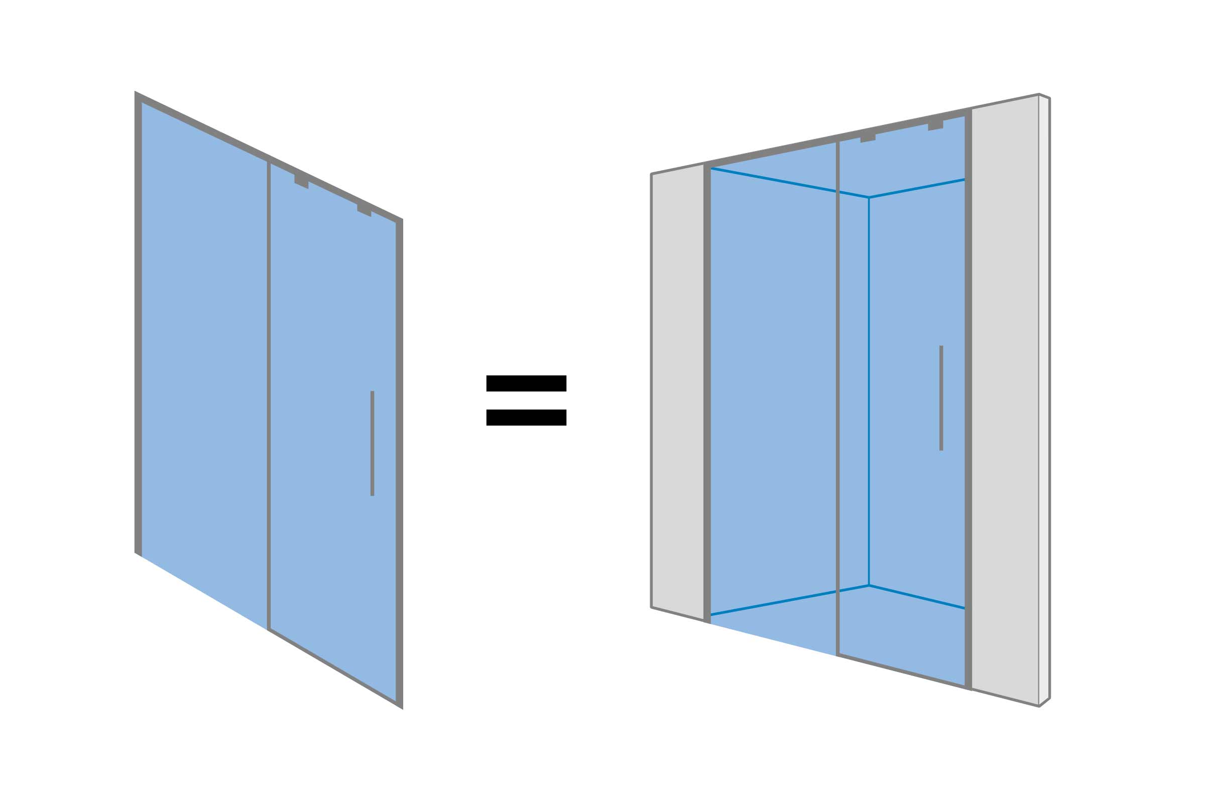 Illustration einer Duschtür, die zu einer kompletten Duschkabine erweitert wird.