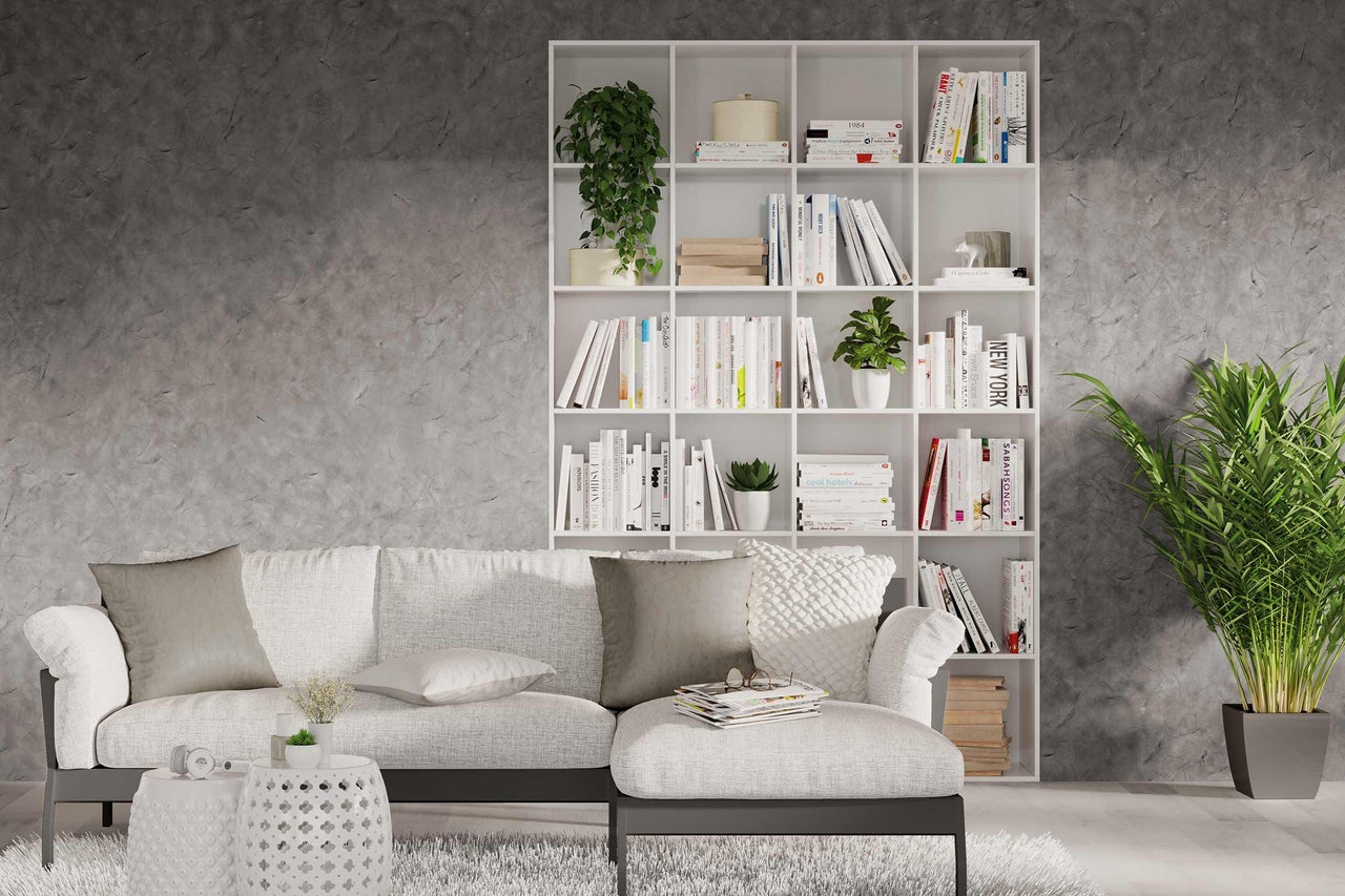 Wohnzimmer mit weissem Buecherregal, Sofa und Zimmerpflanzen