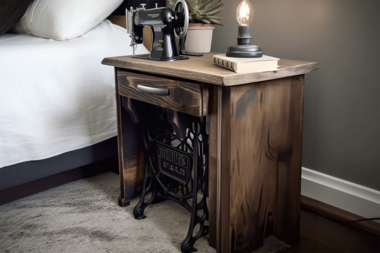 Table de chevet avec tiroir, fabriquée en bois avec un piètement de machine à coudre, sur laquelle se trouvent une machine à coudre, une lampe et une plante