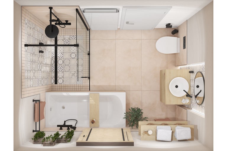 Vue de dessus d'une salle de bains avec douche, baignoire, toilettes et lavabo.