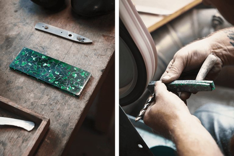 L'image montre la fabrication d'un couteau avec un manche en résine époxy.