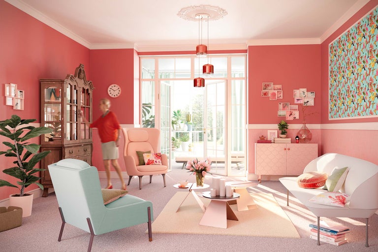 Salon avec meubles, décoration et textiles dans différentes teintes pastel et un accès ouvert au balcon