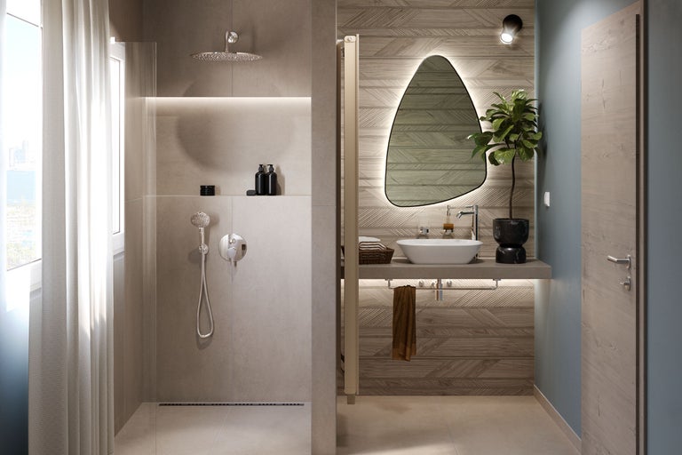 Salle de bain moderne avec douche, lavabo et miroir