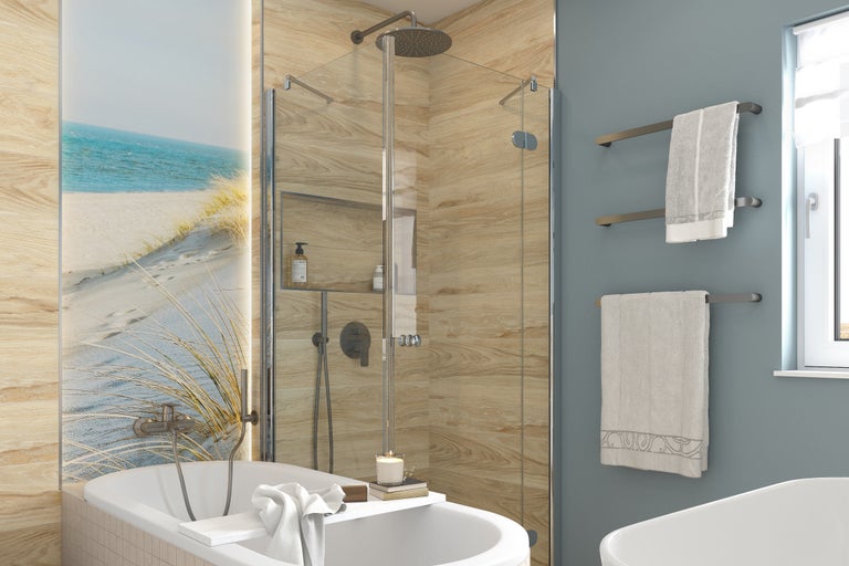 Salle de bain lumineuse avec baignoire, douche et porte-serviettes