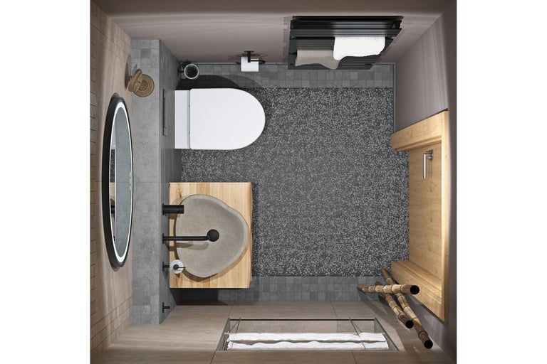 Modernes Badezimmer in der Vogelperspektive mit Holzwaschtisch, Steinwaschbecken, Wand-WC, begehbarer Dusche und beleuchtetem Spiegel.