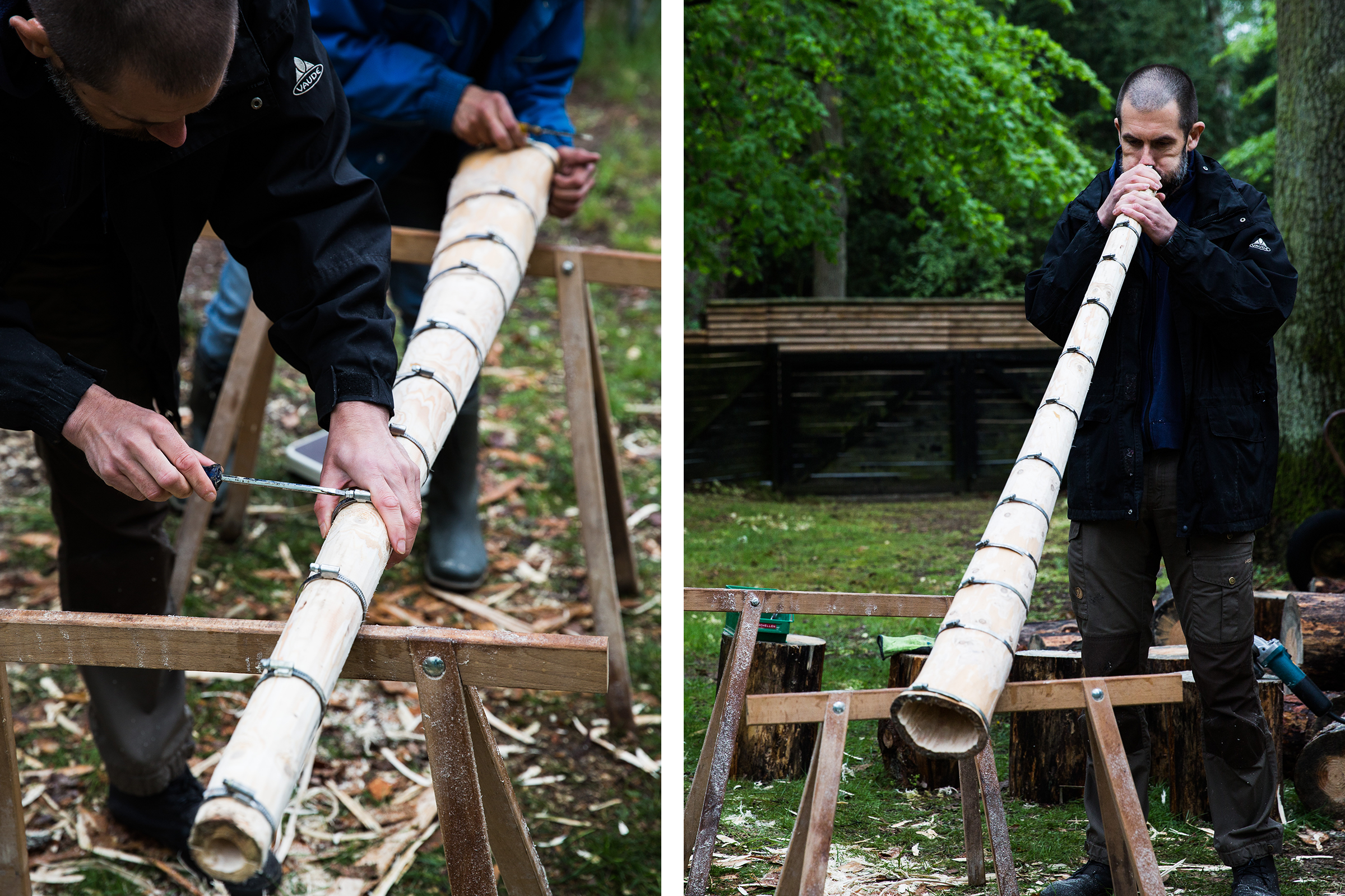 Zwei Personen fertigen ein Didgeridoo an, wobei eine Person es mit einem Schraubenzieher bearbeitet und die andere Person es spielt.