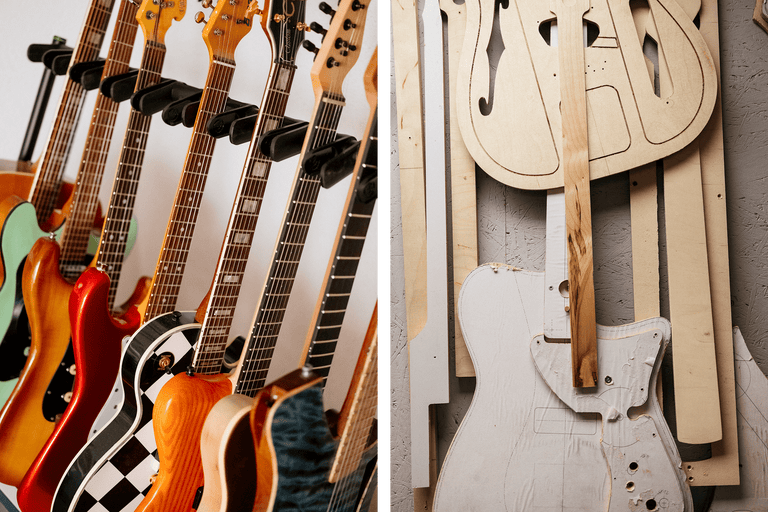 Une collection de guitares et de gabarits de guitares dans un studio de musique.
