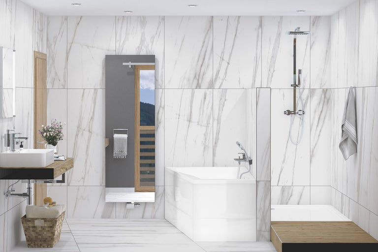 Salle de bain moderne avec lavabo, baignoire et carrelage en marbre