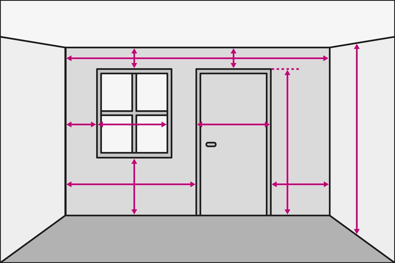 Raumdarstellung mit Massangaben für Fenster und Tür