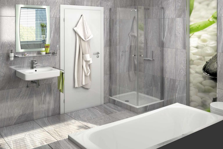 Salle de bain moderne avec lavabo, douche et baignoire