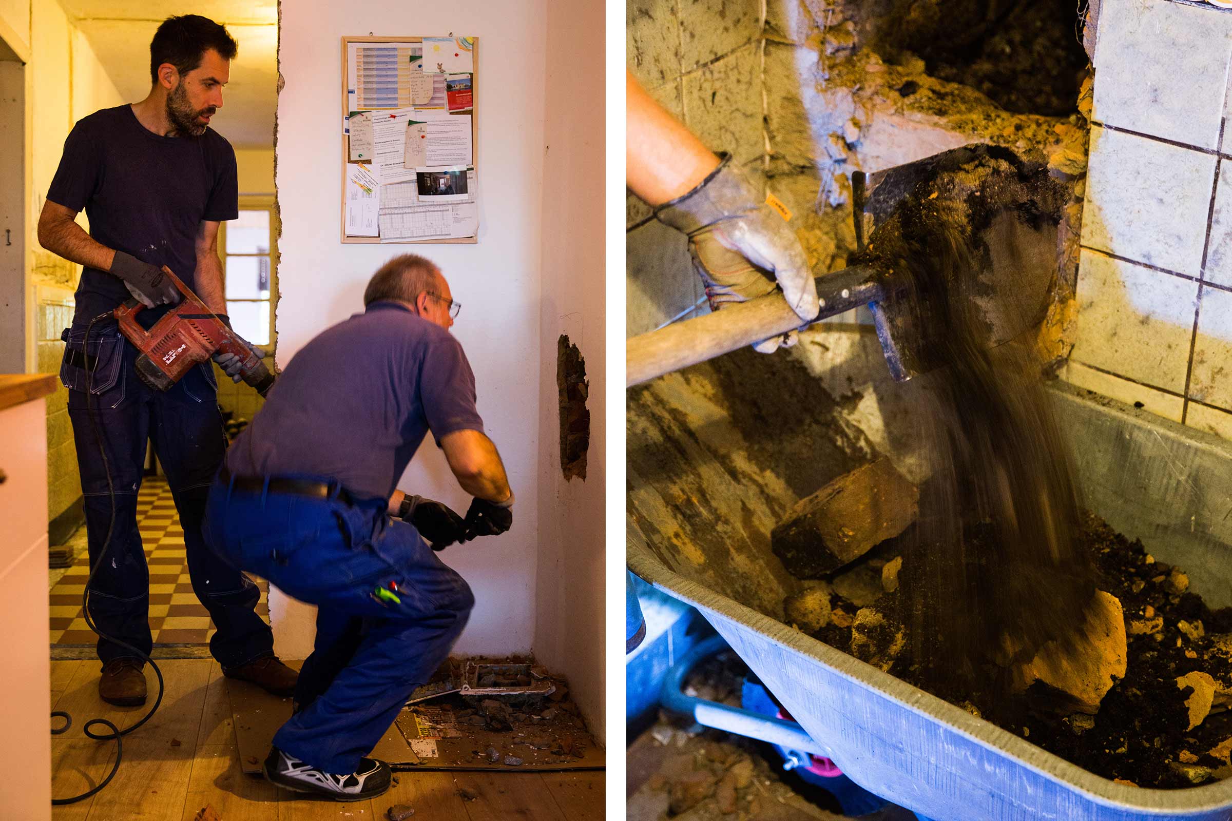 Deux hommes effectuant des travaux de démolition avec un marteau et un burin ainsi qu'un marteau perforateur