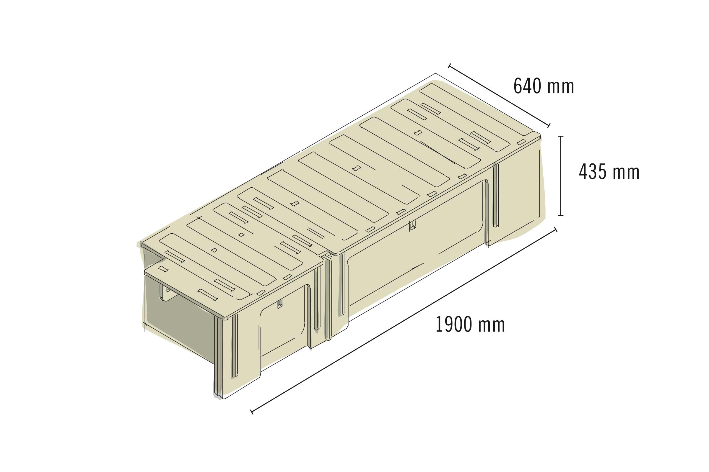 Dessin d'un kit de meubles mesurant 1900 mm de long, 640 mm de large et 435 mm de haut