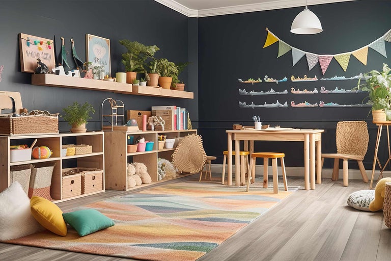 Aménagement d'une chambre d'enfant avec des étagères en bois, une table, des chaises et un tapis coloré