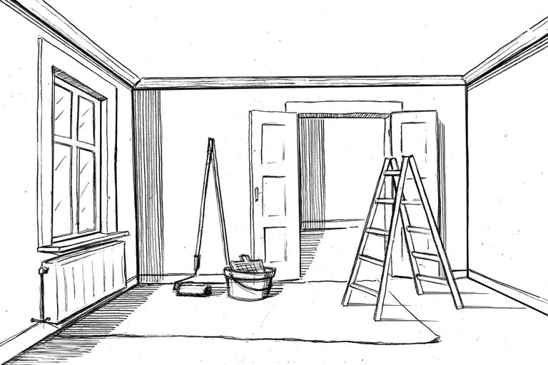 Croquis d'une pièce avec échelle, seau de peinture et rouleau à peinture pour travaux de rénovation