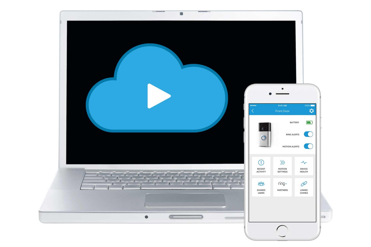 Laptop und Smartphone mit Benutzeroberfläche der Ring App