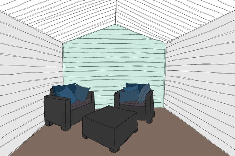 Illustration d'un coin salon couvert avec deux fauteuils, des coussins et une table