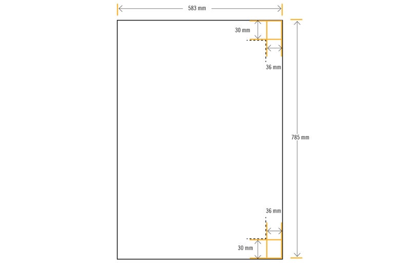 Illustration der Maße einer Arbeitsplatte: 583 Millimeter breit und 785 Millimeter hoch.