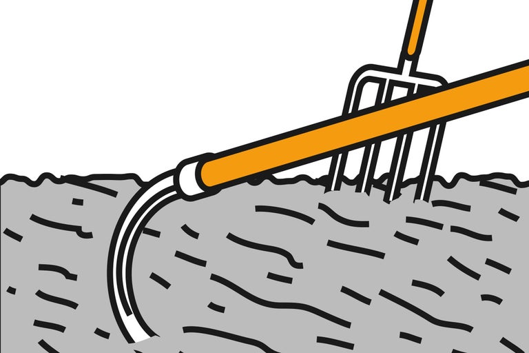 Illustration einer Mistgabel, die in Erde steckt