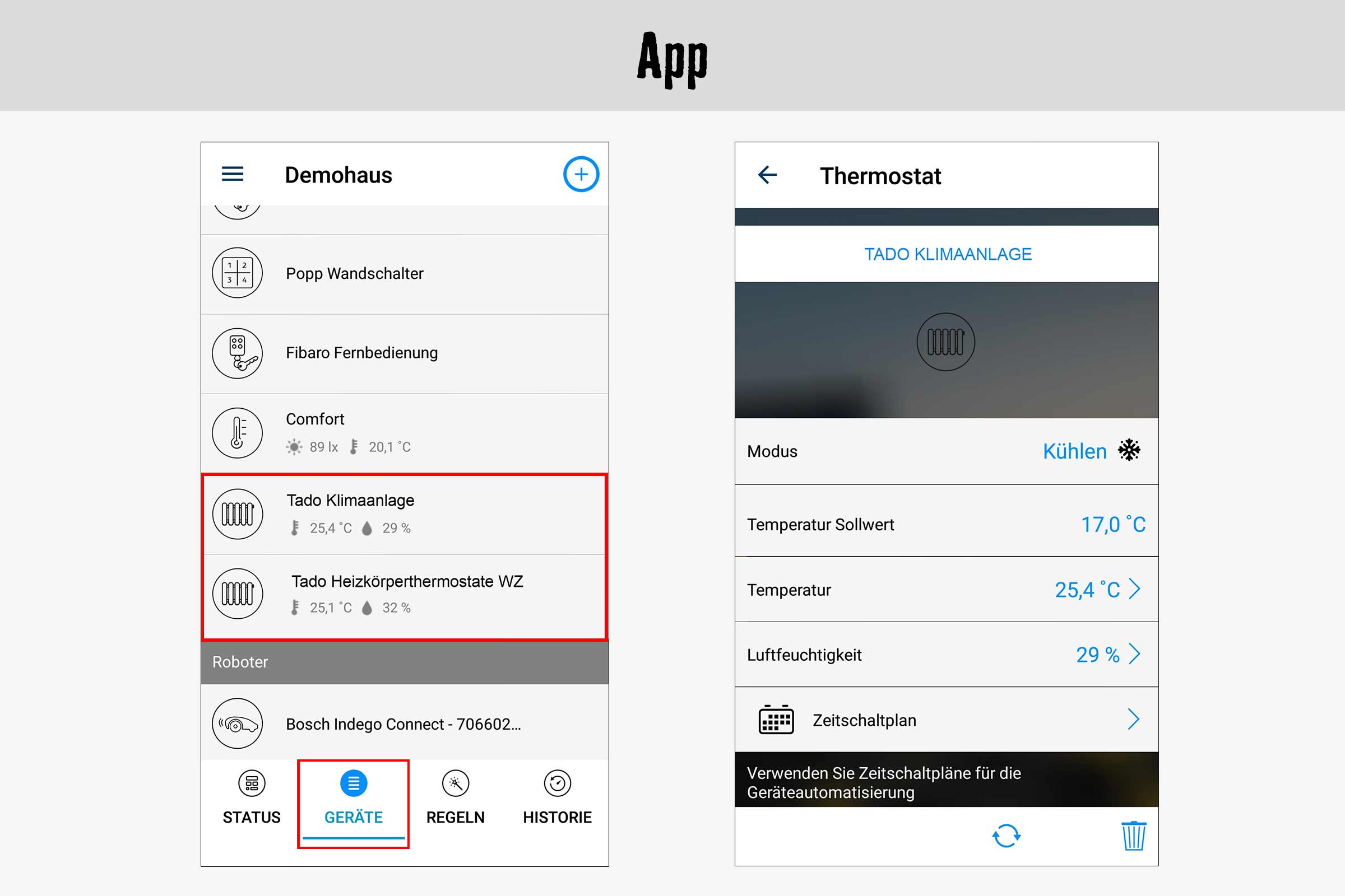 Vue de l'application d'un thermostat pour commander le climatiseur Tado
