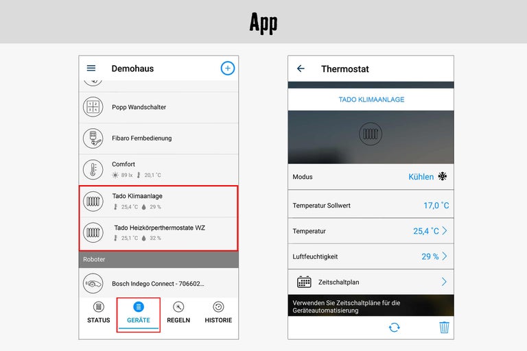 App-Ansicht eines Thermostats zur Steuerung der Tado Klimaanlage