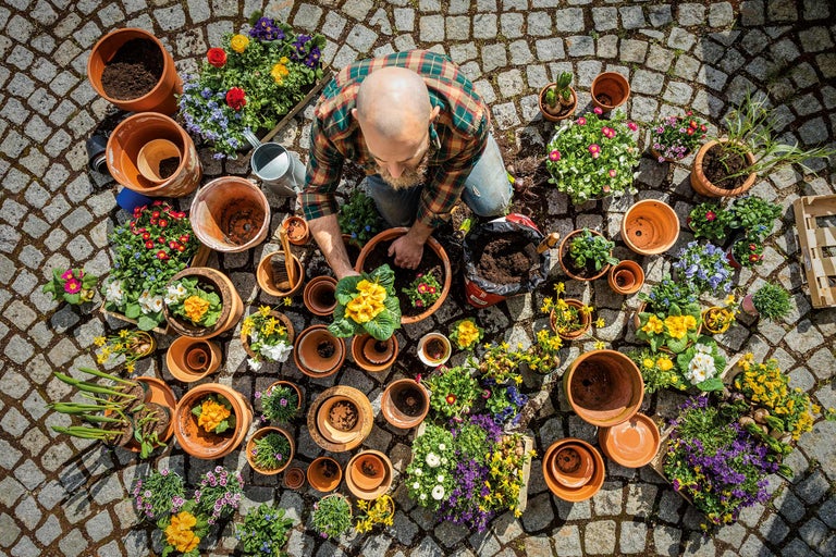 Mann bepflanzt Blumen in Blumentöpfe im Freien, umgeben von Erde, Giesskanne und Gartenwerkzeug.