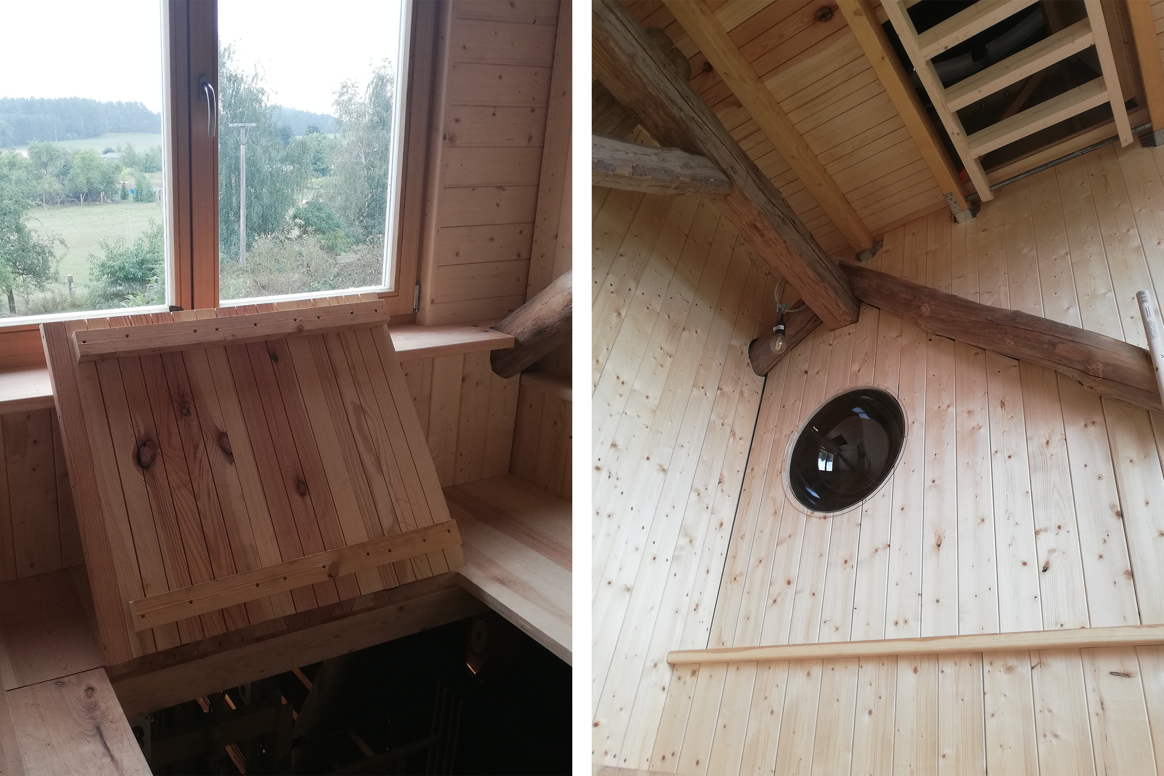 Vue intérieure d'une maison en bois avec lucarne, ouverture de fenêtre ronde et escalier de grenier