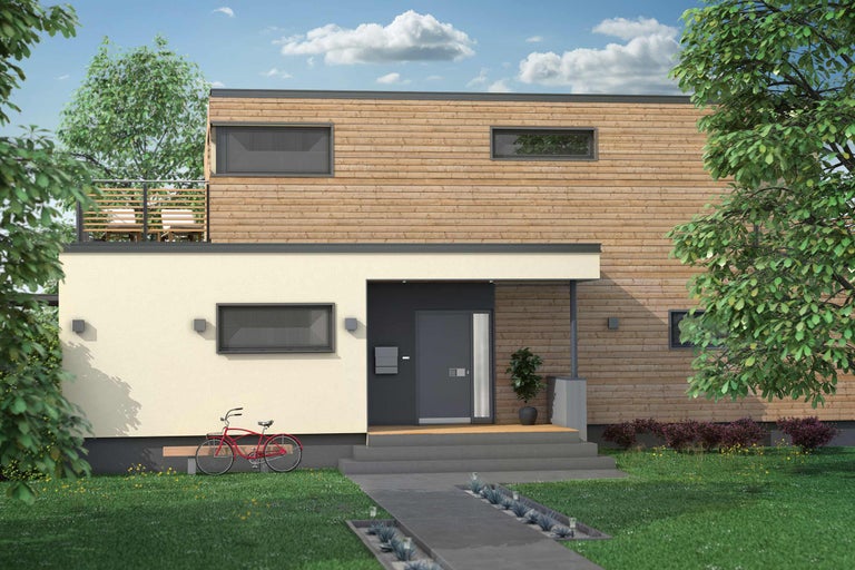 Maison moderne à deux étages avec façade en bois, toit plat et jardin.