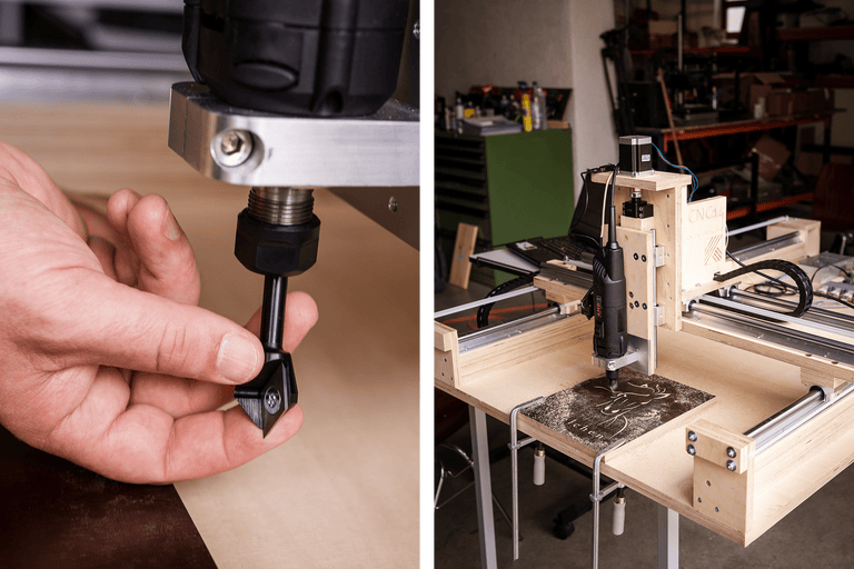 Fraiseuse à commande numérique en fonctionnement avec changement d'outil pour le travail du bois.