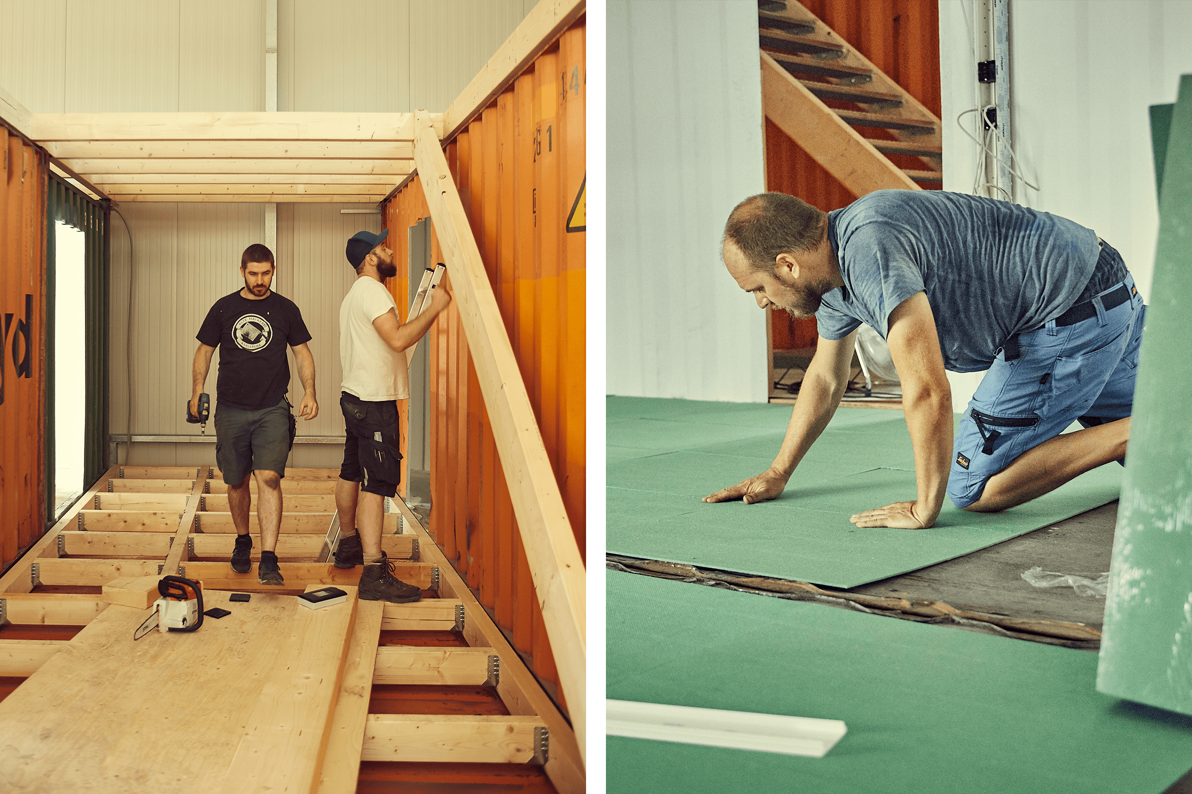 Zwei Männer bauen einen Container aus Holz und verlegen grüne Dämmplatten.
