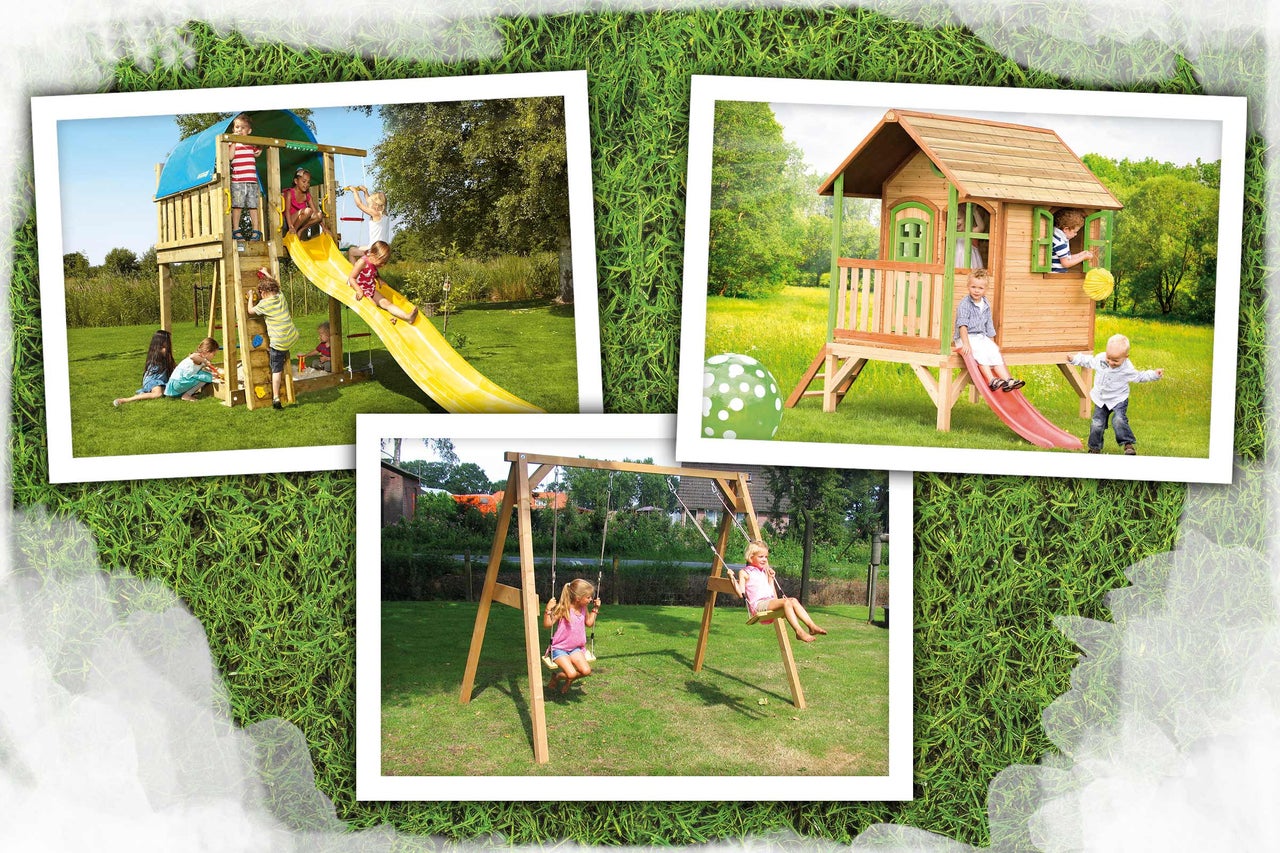 Collage mit Spielplatzgeräten für Kinder: Spielturm mit Rutsche, Spielhaus und Schaukel