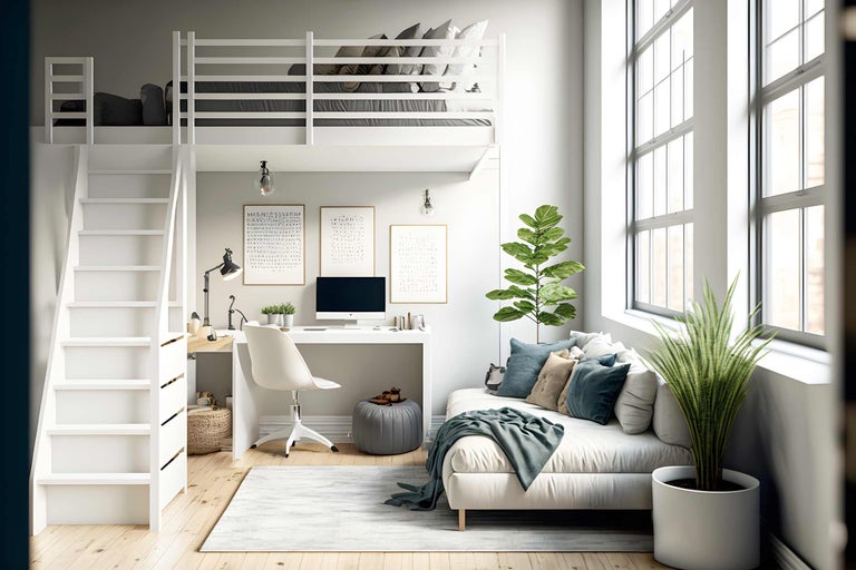 Pièce lumineuse avec lit mezzanine, bureau, canapé et plantes d'intérieur.