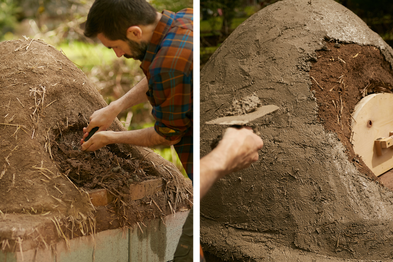Construction d'un four en argile avec de l'argile et de la paille