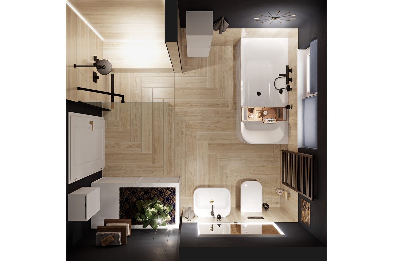 Salle de bain moderne et organisée vue de dessus avec douche, baignoire, lavabo et toilette. Sol en aspect bois avec motif en chevrons.